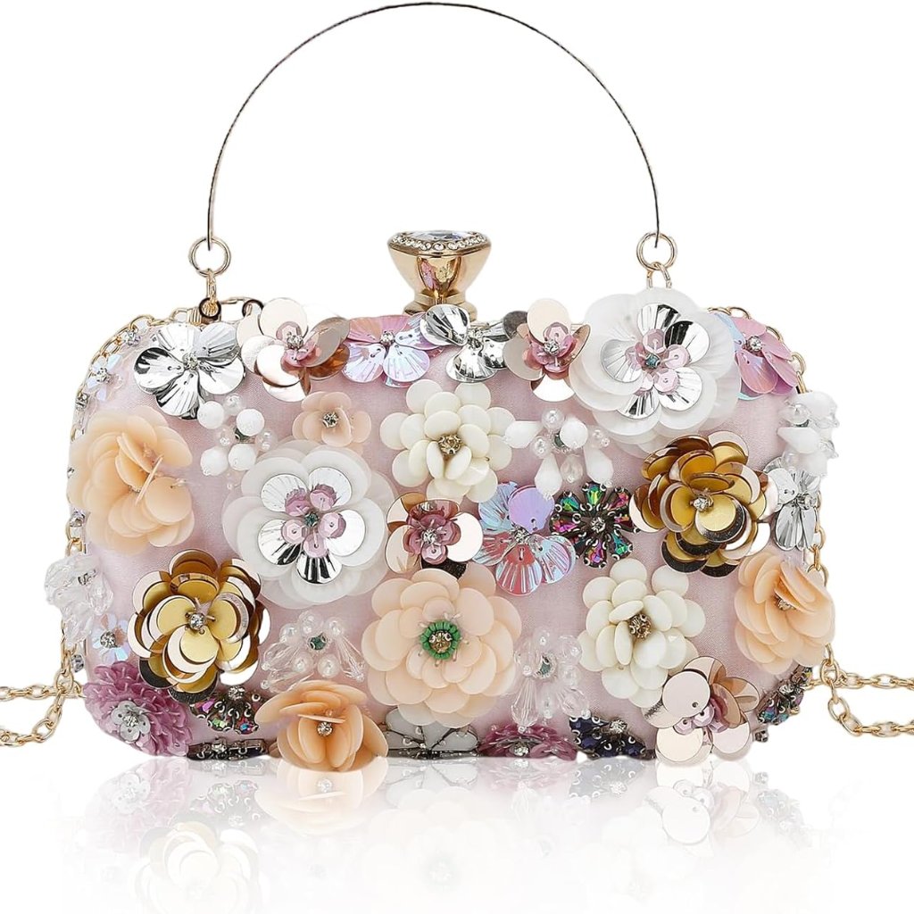 Women's Floral Evening Clutch Bag - Colorful Flower Handbag With Metal Rhineston